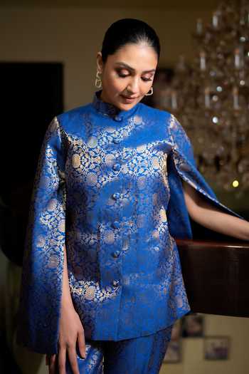 Shop_Dusala_Blue Silk Mandarin Collar Mumtaz Banarasi Cape And Pant Co-ord Set _Online_at_Aza_Fashions