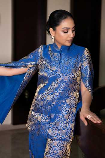 Dusala_Blue Silk Mandarin Collar Mumtaz Banarasi Cape And Pant Co-ord Set _at_Aza_Fashions