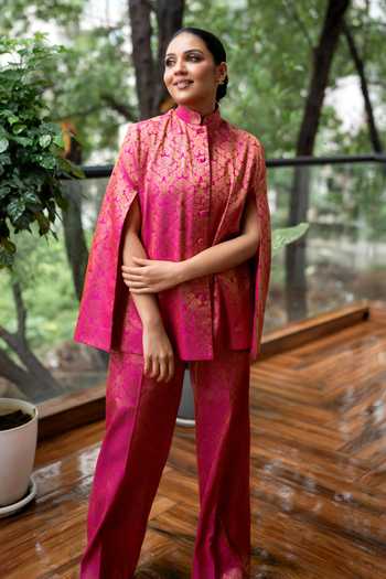 Dusala_Pink Silk Mandarin Collar Mira Banarasi Cape And Pant Co-ord Set _Online_at_Aza_Fashions