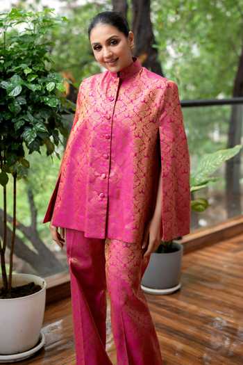 Shop_Dusala_Pink Silk Mandarin Collar Mira Banarasi Cape And Pant Co-ord Set _Online_at_Aza_Fashions