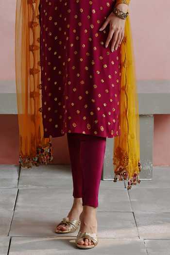 Buy_House of Arshiyaa_Wine Georgette, Net V-neck Dori Embroidered Long Kurta Set _Online_at_Aza_Fashions