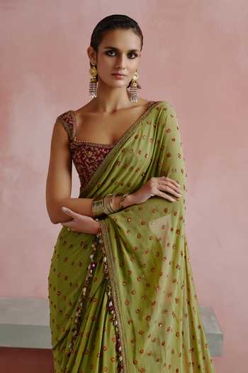 Buy House of Arshiyaa Olive Green Silk, Georgette Bandhani Pattern Draped Lehenga Saree With Corset Online at Aza Fashions Buy_House of Arshiyaa_Olive Green Silk, Georgette Bandhani Pattern Draped Lehenga Saree With Corset _Online_at_Aza_Fashions