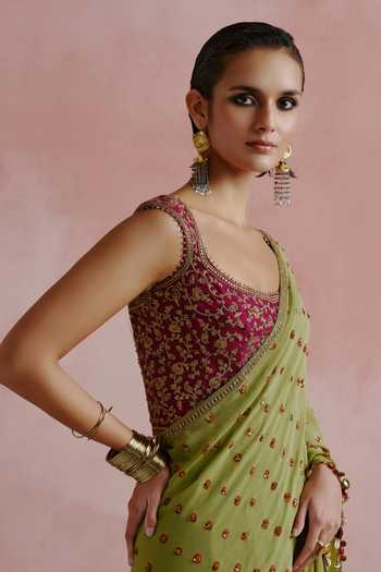 Shop House of Arshiyaa Olive Green Silk, Georgette Bandhani Pattern Draped Lehenga Saree With Corset Online at Aza Fashions Shop_House of Arshiyaa_Olive Green Silk, Georgette Bandhani Pattern Draped Lehenga Saree With Corset _Online_at_Aza_Fashions