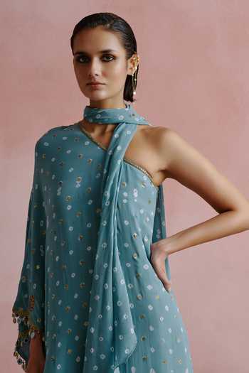 Shop_House of Arshiyaa_Blue Georgette, Chiffon Tassels One Shoulder Bandhani Pattern Kaftan Sharara Set _Online_at_Aza_Fashions