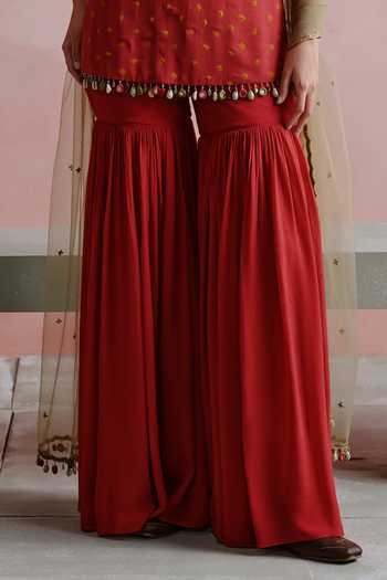 House of Arshiyaa_Red Georgette, Net Round Neck Bandhani Pattern Kurta Gharara Set _Online_at_Aza_Fashions