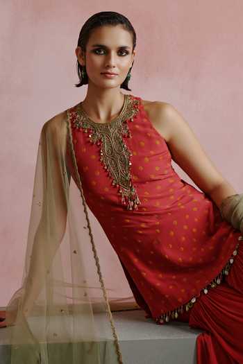 Shop_House of Arshiyaa_Red Georgette, Net Round Neck Bandhani Pattern Kurta Gharara Set _Online_at_Aza_Fashions