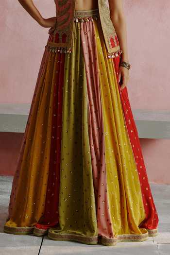 Shop_House of Arshiyaa_Gold Silk, Georgette Open , Plunge Bandhani Pattern Jacket Lehenga Set _Online_at_Aza_Fashions