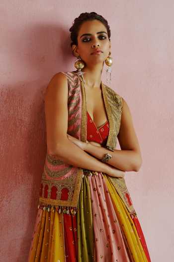 House of Arshiyaa_Gold Silk, Georgette Open , Plunge Bandhani Pattern Jacket Lehenga Set _at_Aza_Fashions