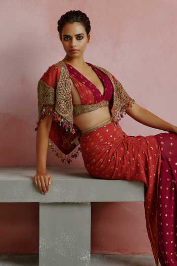 Buy_House of Arshiyaa_Wine Georgette, Net Shawl , Plunge Embroidered Jacket Skirt Set _Online_at_Aza_Fashions