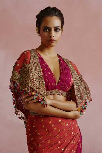 Shop_House of Arshiyaa_Wine Georgette, Net Shawl , Plunge Embroidered Jacket Skirt Set _Online_at_Aza_Fashions