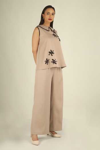 House Of Supriya Beige Crepe Collared Neck 3d Floral Applique Top And Pant Set Online at Aza Fashions House Of Supriya_Beige Crepe Collared Neck 3d Floral Applique Top And Pant Set _Online_at_Aza_Fashions