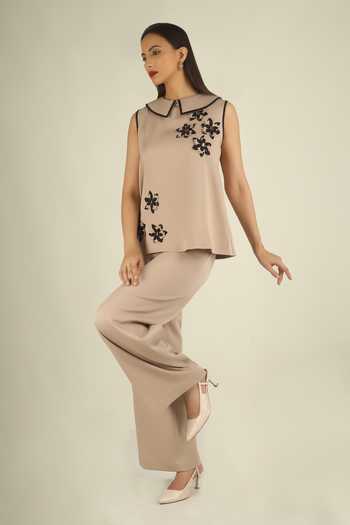 Buy House Of Supriya Beige Crepe Collared Neck 3d Floral Applique Top And Pant Set Online at Aza Fashions Buy_House Of Supriya_Beige Crepe Collared Neck 3d Floral Applique Top And Pant Set _Online_at_Aza_Fashions
