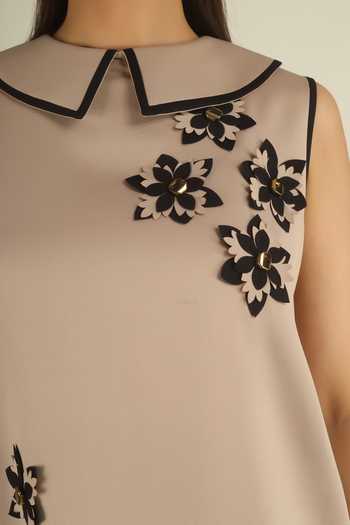 Shop House Of Supriya Beige Crepe Collared Neck 3d Floral Applique Top And Pant Set Online at Aza Fashions Shop_House Of Supriya_Beige Crepe Collared Neck 3d Floral Applique Top And Pant Set _Online_at_Aza_Fashions