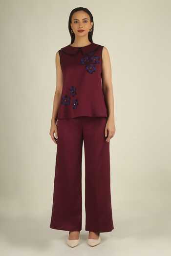 House Of Supriya Maroon Crepe Collared Neck 3d Floral Applique Top And Pant Set Online at Aza Fashions House Of Supriya_Maroon Crepe Collared Neck 3d Floral Applique Top And Pant Set _Online_at_Aza_Fashions