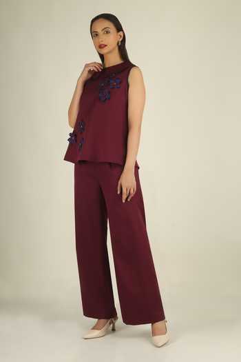 Shop House Of Supriya Maroon Crepe Collared Neck 3d Floral Applique Top And Pant Set Online at Aza Fashions Shop_House Of Supriya_Maroon Crepe Collared Neck 3d Floral Applique Top And Pant Set _Online_at_Aza_Fashions
