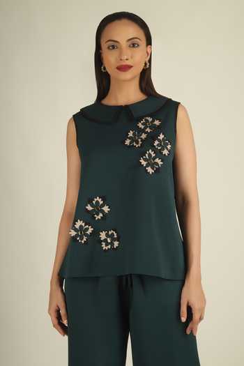 House Of Supriya Green Crepe Round Neck Embellished Top And Pant Set Online at Aza Fashions House Of Supriya_Green Crepe Round Neck Embellished Top And Pant Set _Online_at_Aza_Fashions