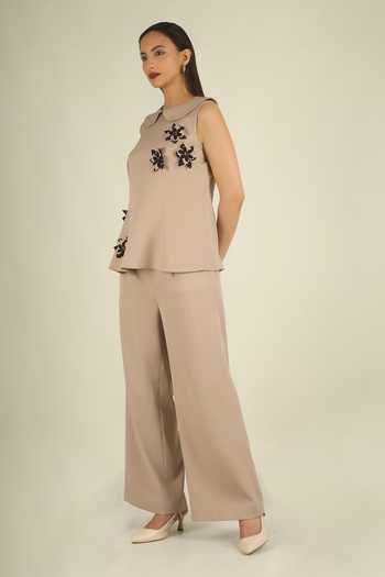 House Of Supriya Beige Crepe Round Neck Crystal Embellished Top And Pant Set Online at Aza Fashions House Of Supriya_Beige Crepe Round Neck Crystal Embellished Top And Pant Set _Online_at_Aza_Fashions