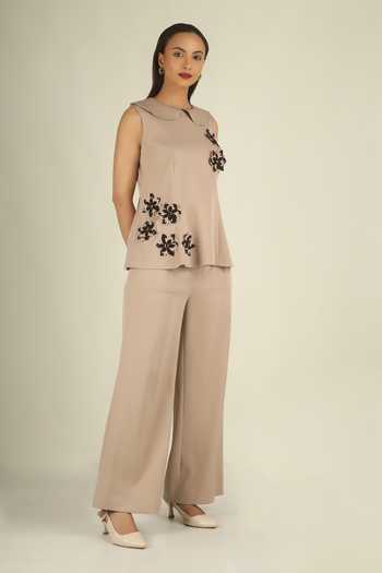 Buy House Of Supriya Beige Crepe Round Neck Crystal Embellished Top And Pant Set Online at Aza Fashions Buy_House Of Supriya_Beige Crepe Round Neck Crystal Embellished Top And Pant Set _Online_at_Aza_Fashions