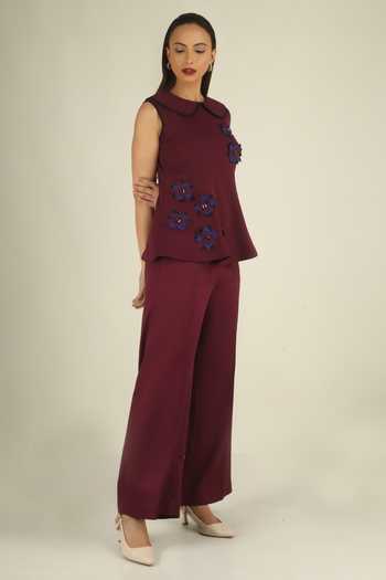 House Of Supriya Maroon Crepe Round Neck Bead Embellished Top And Pant Set Online at Aza Fashions House Of Supriya_Maroon Crepe Round Neck Bead Embellished Top And Pant Set _Online_at_Aza_Fashions