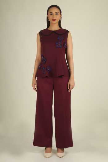 Buy House Of Supriya Maroon Crepe Round Neck Bead Embellished Top And Pant Set Online at Aza Fashions Buy_House Of Supriya_Maroon Crepe Round Neck Bead Embellished Top And Pant Set _Online_at_Aza_Fashions