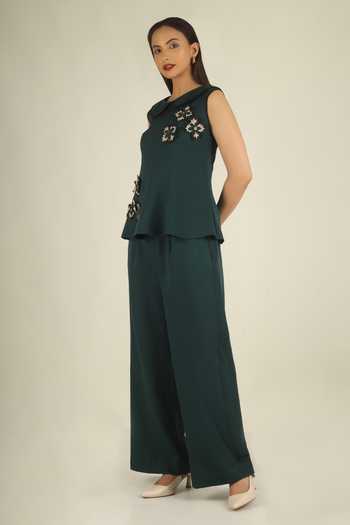 House Of Supriya Green Crepe Round Neck 3d Floral Embellished Top And Pant Set Online at Aza Fashions House Of Supriya_Green Crepe Round Neck 3d Floral Embellished Top And Pant Set _Online_at_Aza_Fashions