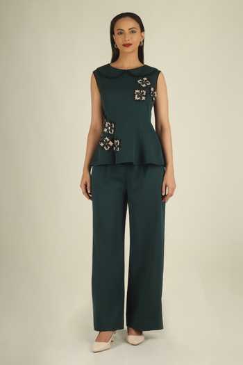 House Of Supriya 3D Floral Embellished Top & Pant Set 