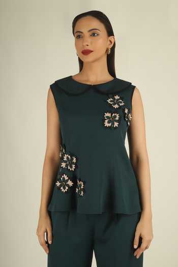 Shop House Of Supriya Green Crepe Round Neck 3d Floral Embellished Top And Pant Set Online at Aza Fashions Shop_House Of Supriya_Green Crepe Round Neck 3d Floral Embellished Top And Pant Set _Online_at_Aza_Fashions