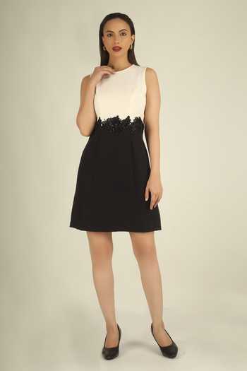 House Of Supriya Black Crepe Round Neck Hand Embroidered Colorblock Dress Online at Aza Fashions House Of Supriya_Black Crepe Round Neck Hand Embroidered Colorblock Dress _Online_at_Aza_Fashions