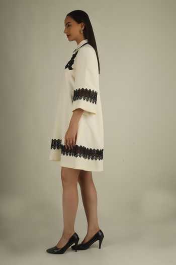 House Of Supriya Ivory Crepe Collared Neck Floral Applique Work Dress Online at Aza Fashions House Of Supriya_Ivory Crepe Collared Neck Floral Applique Work Dress _Online_at_Aza_Fashions