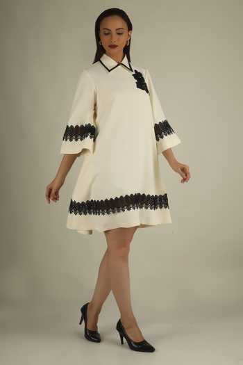 Buy House Of Supriya Ivory Crepe Collared Neck Floral Applique Work Dress Online at Aza Fashions Buy_House Of Supriya_Ivory Crepe Collared Neck Floral Applique Work Dress _Online_at_Aza_Fashions
