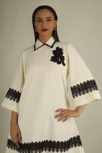 Shop House Of Supriya Ivory Crepe Collared Neck Floral Applique Work Dress Online at Aza Fashions Shop_House Of Supriya_Ivory Crepe Collared Neck Floral Applique Work Dress _Online_at_Aza_Fashions