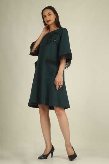 House Of Supriya Green Crepe Round Neck Floral Applique Embellished Dress Online at Aza Fashions House Of Supriya_Green Crepe Round Neck Floral Applique Embellished Dress _Online_at_Aza_Fashions