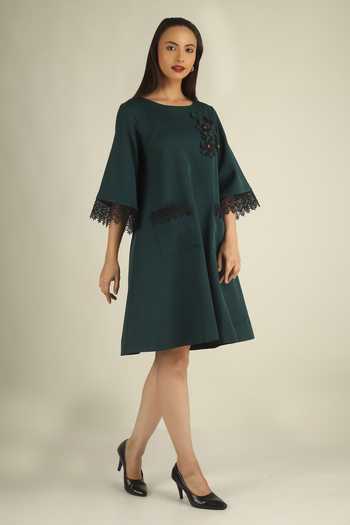 Buy House Of Supriya Green Crepe Round Neck Floral Applique Embellished Dress Online at Aza Fashions Buy_House Of Supriya_Green Crepe Round Neck Floral Applique Embellished Dress _Online_at_Aza_Fashions