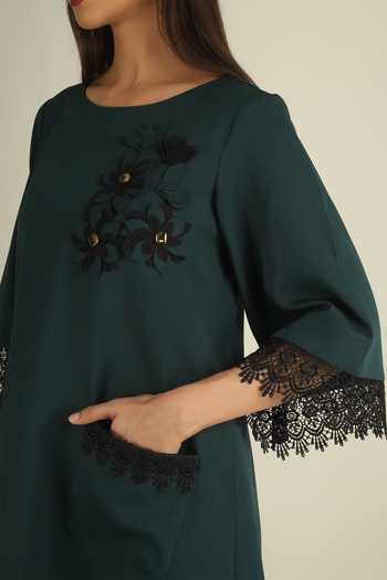Shop House Of Supriya Green Crepe Round Neck Floral Applique Embellished Dress Online at Aza Fashions Shop_House Of Supriya_Green Crepe Round Neck Floral Applique Embellished Dress _Online_at_Aza_Fashions