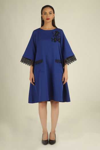 House Of Supriya Blue Crepe Round Neck Floral Placement Embellished Dress Online at Aza Fashions House Of Supriya_Blue Crepe Round Neck Floral Placement Embellished Dress _Online_at_Aza_Fashions