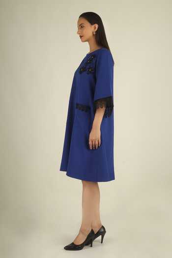 Buy House Of Supriya Blue Crepe Round Neck Floral Placement Embellished Dress Online at Aza Fashions Buy_House Of Supriya_Blue Crepe Round Neck Floral Placement Embellished Dress _Online_at_Aza_Fashions