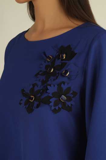 Shop House Of Supriya Blue Crepe Round Neck Floral Placement Embellished Dress Online at Aza Fashions Shop_House Of Supriya_Blue Crepe Round Neck Floral Placement Embellished Dress _Online_at_Aza_Fashions