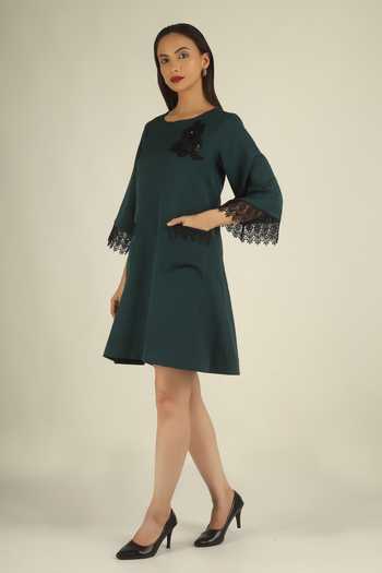 Shop House Of Supriya Green Crepe Round Neck Floral Applique Work Short Dress Online at Aza Fashions Shop_House Of Supriya_Green Crepe Round Neck Floral Applique Work Short Dress _Online_at_Aza_Fashions