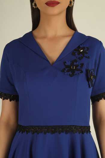 Shop House Of Supriya Blue Crepe V-neck Floral Applique Work A-line Dress Online at Aza Fashions Shop_House Of Supriya_Blue Crepe V-neck Floral Applique Work A-line Dress _Online_at_Aza_Fashions