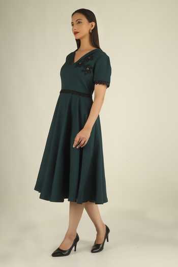 House Of Supriya Green Crepe V-neck Floral Applique Dress Online at Aza Fashions House Of Supriya_Green Crepe V-neck Floral Applique Dress _Online_at_Aza_Fashions