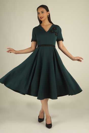 Buy House Of Supriya Green Crepe V-neck Floral Applique Dress Online at Aza Fashions Buy_House Of Supriya_Green Crepe V-neck Floral Applique Dress _Online_at_Aza_Fashions