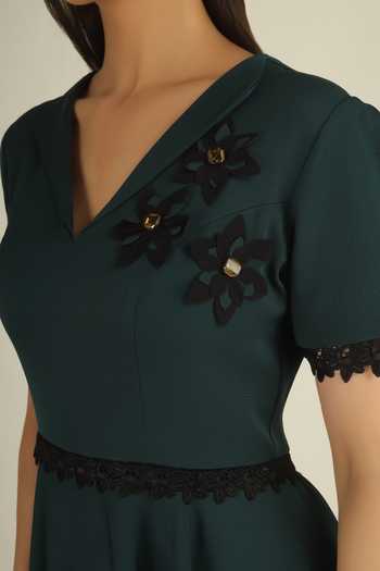 Shop House Of Supriya Green Crepe V-neck Floral Applique Dress Online at Aza Fashions Shop_House Of Supriya_Green Crepe V-neck Floral Applique Dress _Online_at_Aza_Fashions