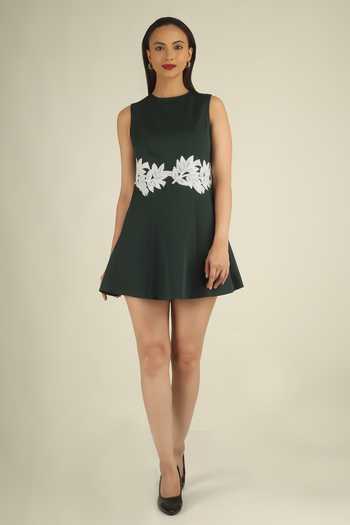 House Of Supriya Green Crepe High Neck Placement Embroidered Dress Online at Aza Fashions House Of Supriya_Green Crepe High Neck Placement Embroidered Dress _Online_at_Aza_Fashions