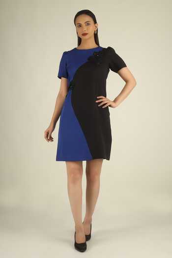 House Of Supriya_Blue Crepe Round Neck Floral Applique Work Colorblock Dress _Online_at_Aza_Fashions