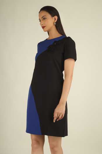 Buy_House Of Supriya_Blue Crepe Round Neck Floral Applique Work Colorblock Dress _Online_at_Aza_Fashions