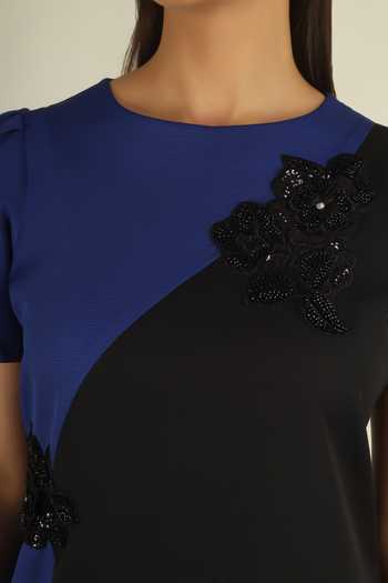Shop_House Of Supriya_Blue Crepe Round Neck Floral Applique Work Colorblock Dress _Online_at_Aza_Fashions