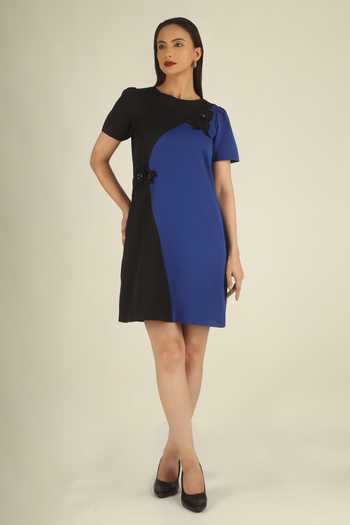 House Of Supriya Blue Crepe Round Neck Colorblock Short Dress Online at Aza Fashions House Of Supriya_Blue Crepe Round Neck Colorblock Short Dress _Online_at_Aza_Fashions