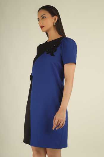 Shop House Of Supriya Blue Crepe Round Neck Colorblock Short Dress Online at Aza Fashions Shop_House Of Supriya_Blue Crepe Round Neck Colorblock Short Dress _Online_at_Aza_Fashions