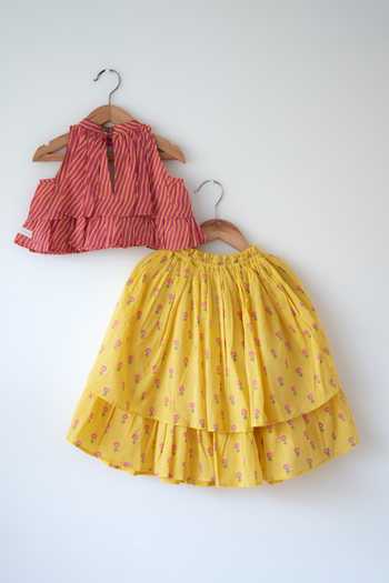 Love The World Today Yellow Cotton Meera Striped Print Blouse And Lehenga Set at Aza Fashions Love The World Today_Yellow Cotton Meera Striped Print Blouse And Lehenga Set _at_Aza_Fashions