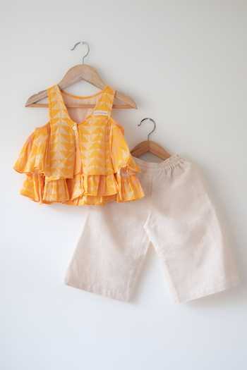 Love The World Today White Cotton Chandan Ruffle Top And Palazzo Set Online at Aza Fashions Love The World Today_White Cotton Chandan Ruffle Top And Palazzo Set _Online_at_Aza_Fashions